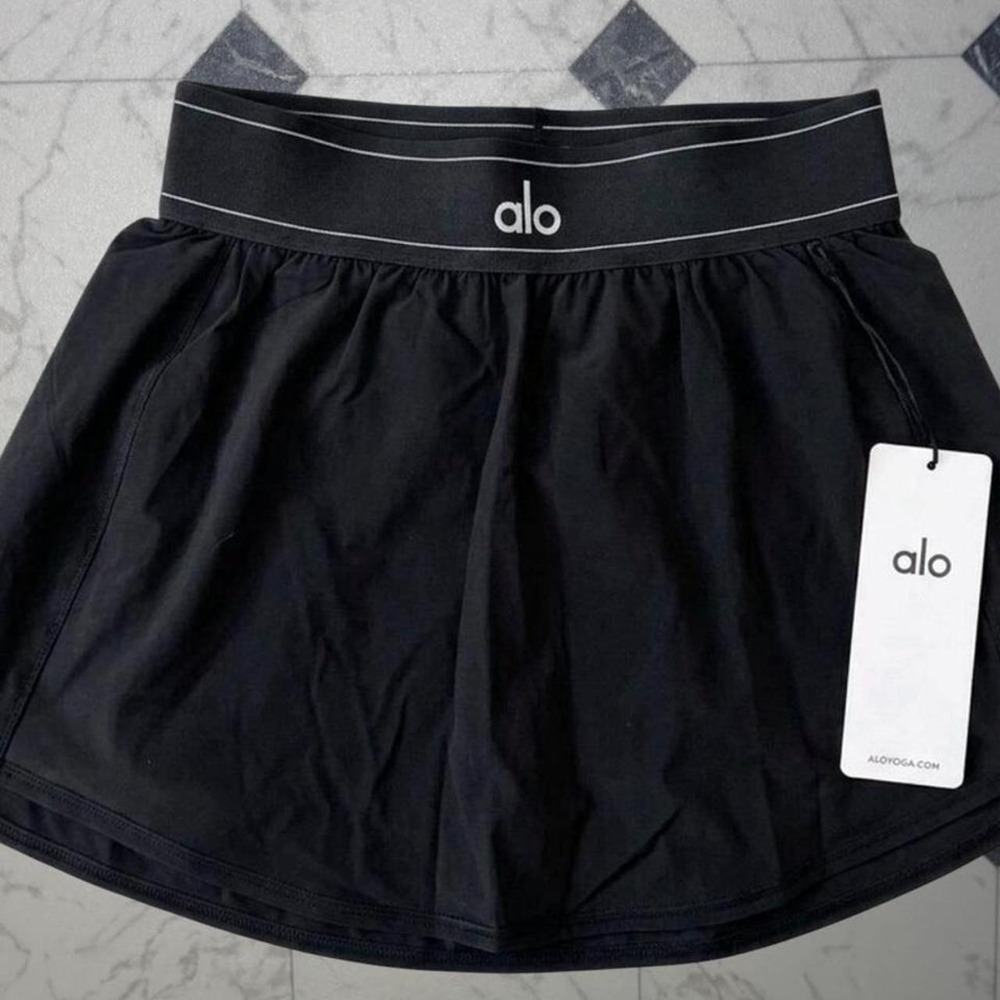 Alo Yoga Match Point Tennis Skirt Womens Large Black Logo Waistband NWT - Picture 1 of 5